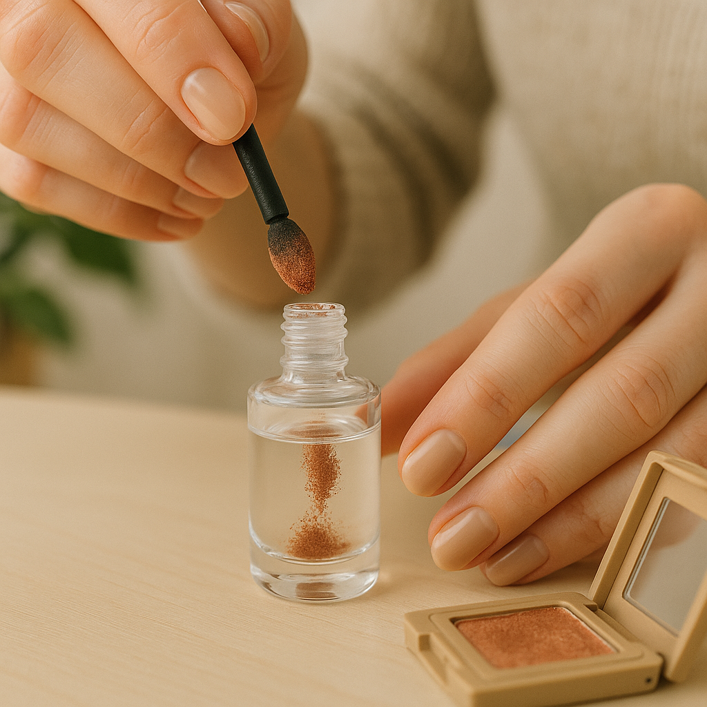 여성이 아이섀도우 가루를 투명 매니큐어 병에 섞어 네일아트를 준비하는 모습