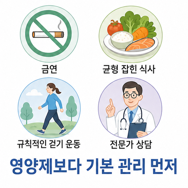금연과 균형 잡힌 식사, 운동, 의료진 상담을 보여주는 폐 건강 관리 이미지