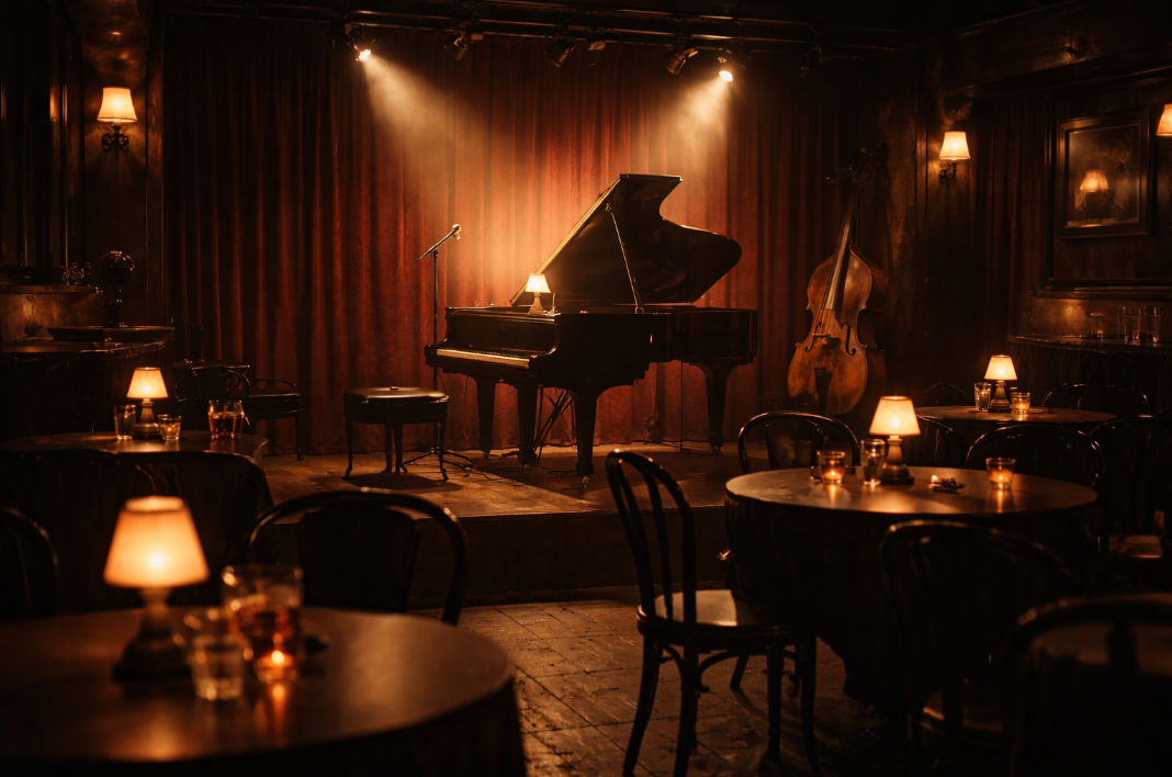 따뜻한 조명이 비추는 작은 재즈바 무대 위 피아노와 어두운 객석이 보이는 장면