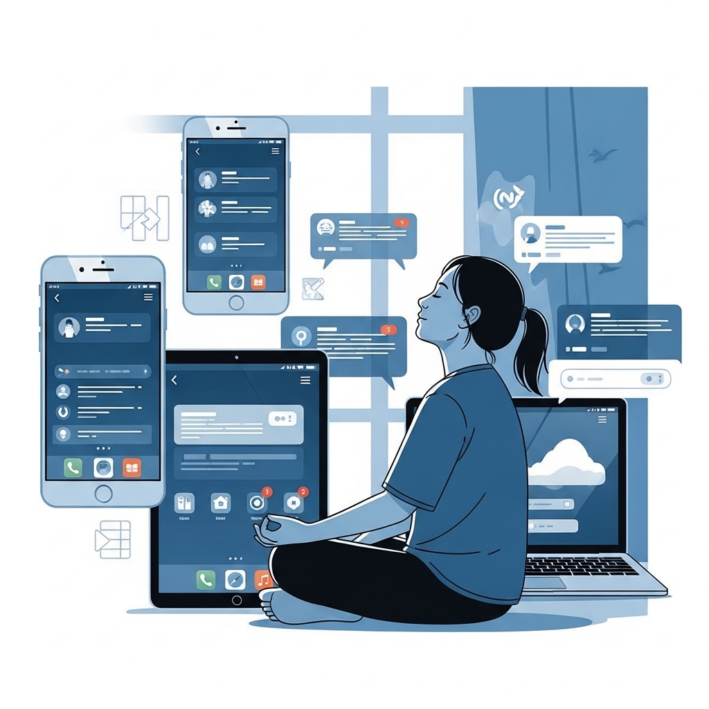 디지털 화면에 둘러싸여 있지만 평온하게 명상하거나 휴식하며 정신적 명료함을 유지하는 사람의 모습