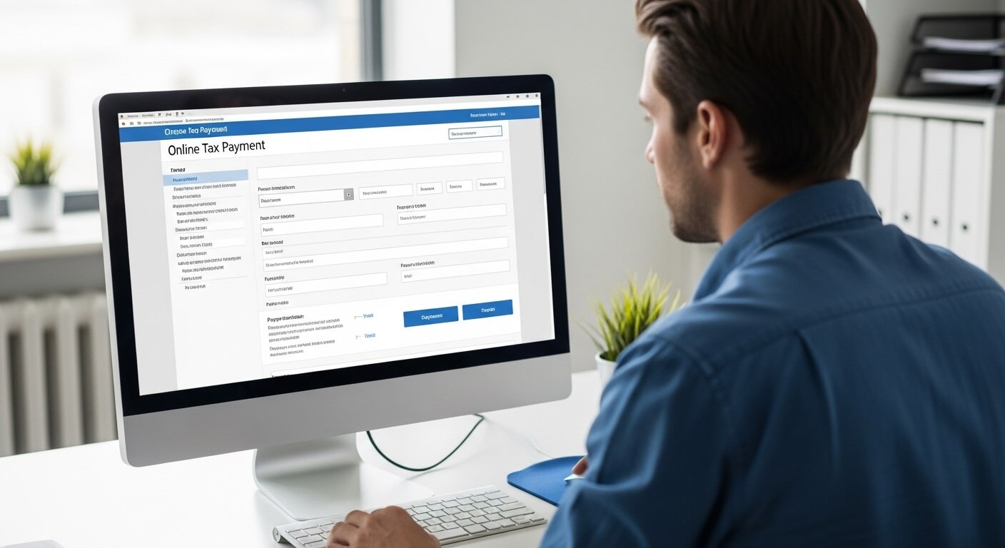 남성이 데스크톱 화면에서 온라인 세금 납부 양식을 작성하는 장면