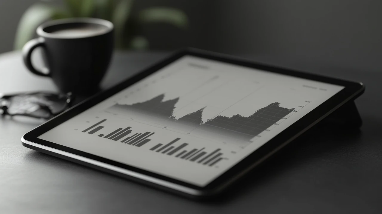 투자자가 중국 AI ETF와 로보틱스 ETF의 2025년 수익률 그래프를 태블릿으로 분석하며 수익 구조와 미래 전망을 중점적으로 소개합니다.