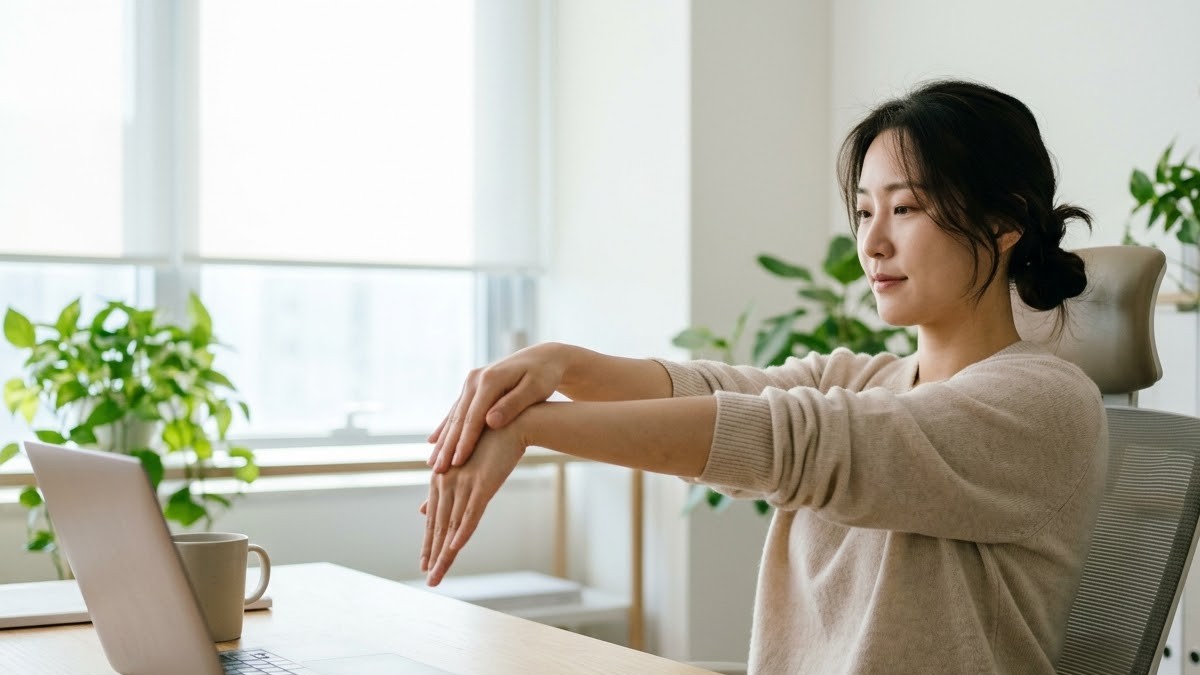 사무실 책상 앞에서 팔을 뻗고 손등을 눌러 팔뚝을 스트레칭하는 30대 여성