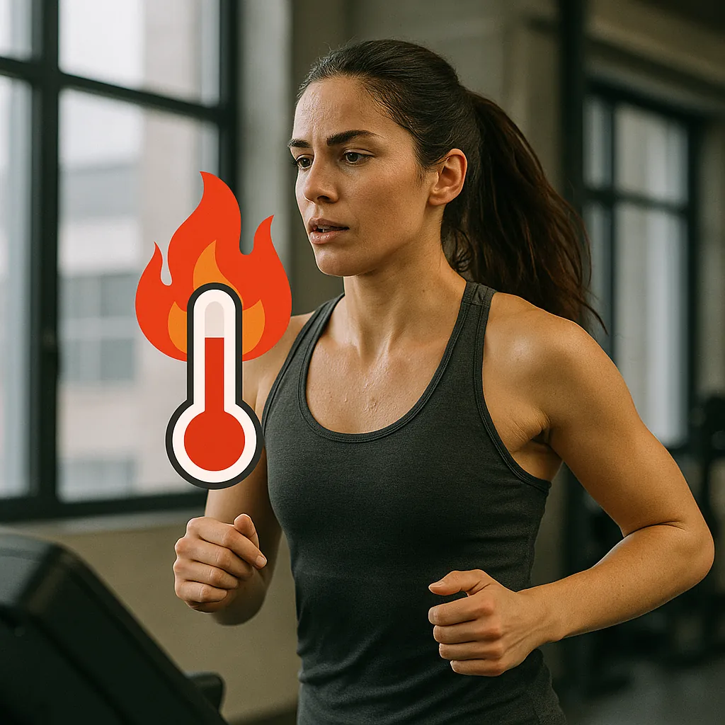 체온이-높을-때-운동-효율이-증가하는-모습을-표현한-사진-트레드밀에서-땀-흘리며-달리는-여성-운동선수의-집중된-표정과-활력-넘치는-분위기를-통해-체온-상승이-운동-성과에-긍정적으로-작용함을-시각적으로-강조