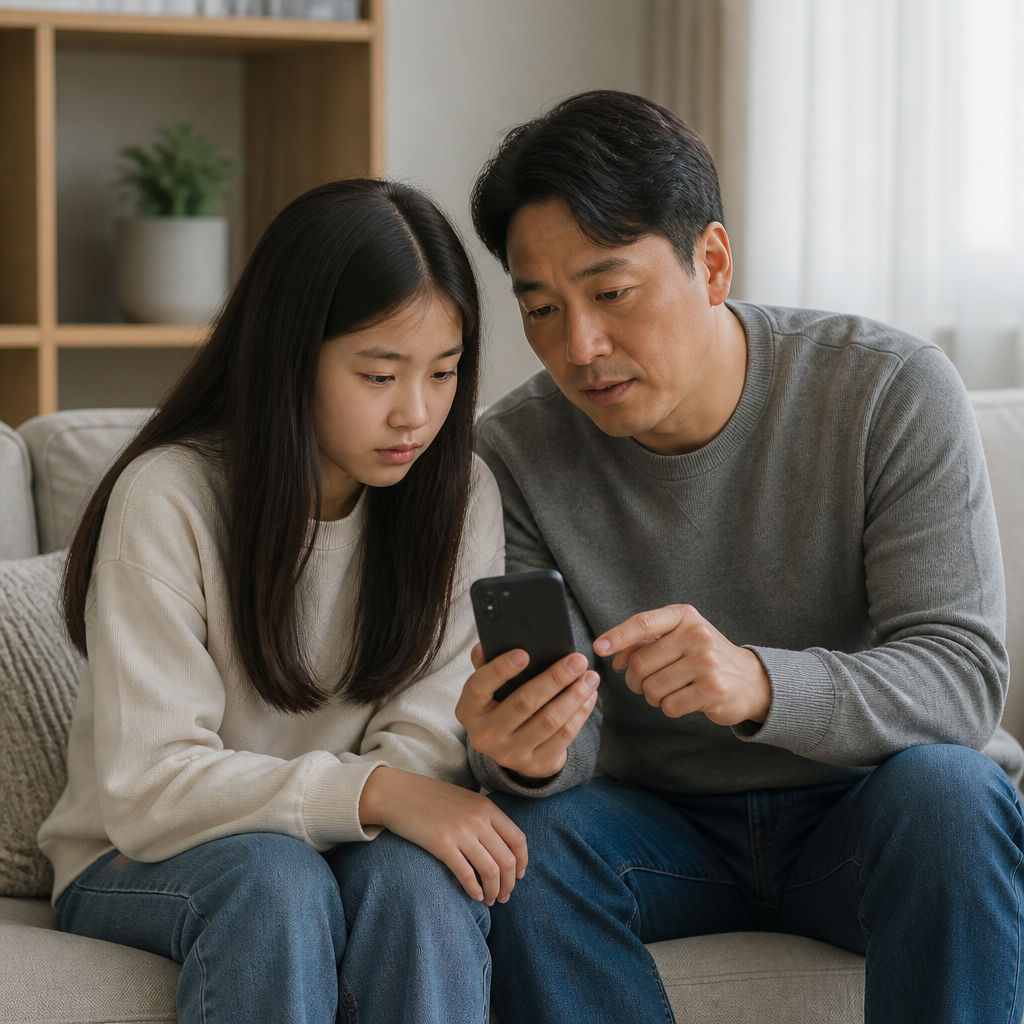 부모와 아이가 낯선 사람의 온라인 연락을 함께 확인하며 대화하는 모습