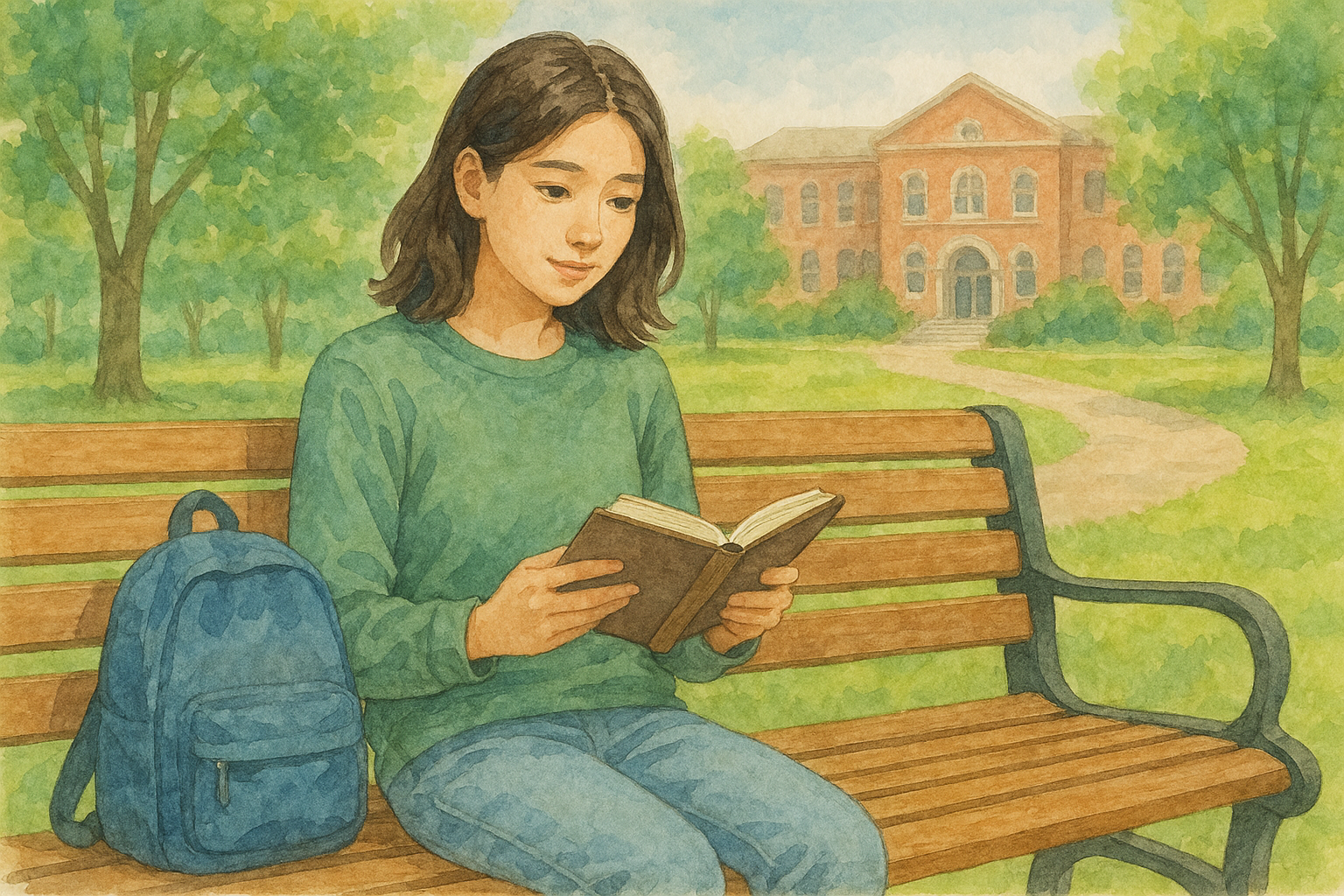 도서관 앞 벤치에서 독서하는 여성