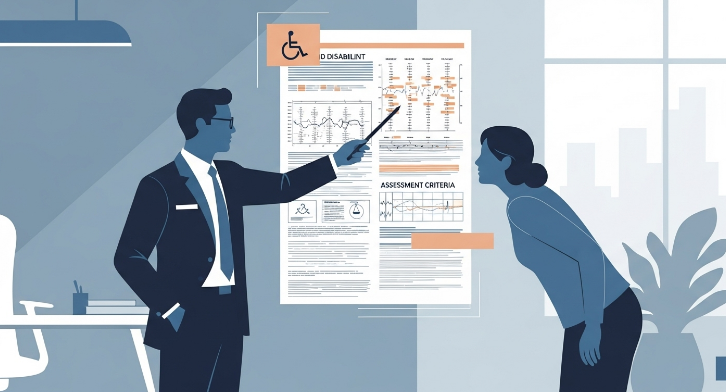 손해사정사가 환자에게 맥브라이드 점수와 후유장애 보상 서류를 설명하며 도움을 주는 전문적인 상담 장면