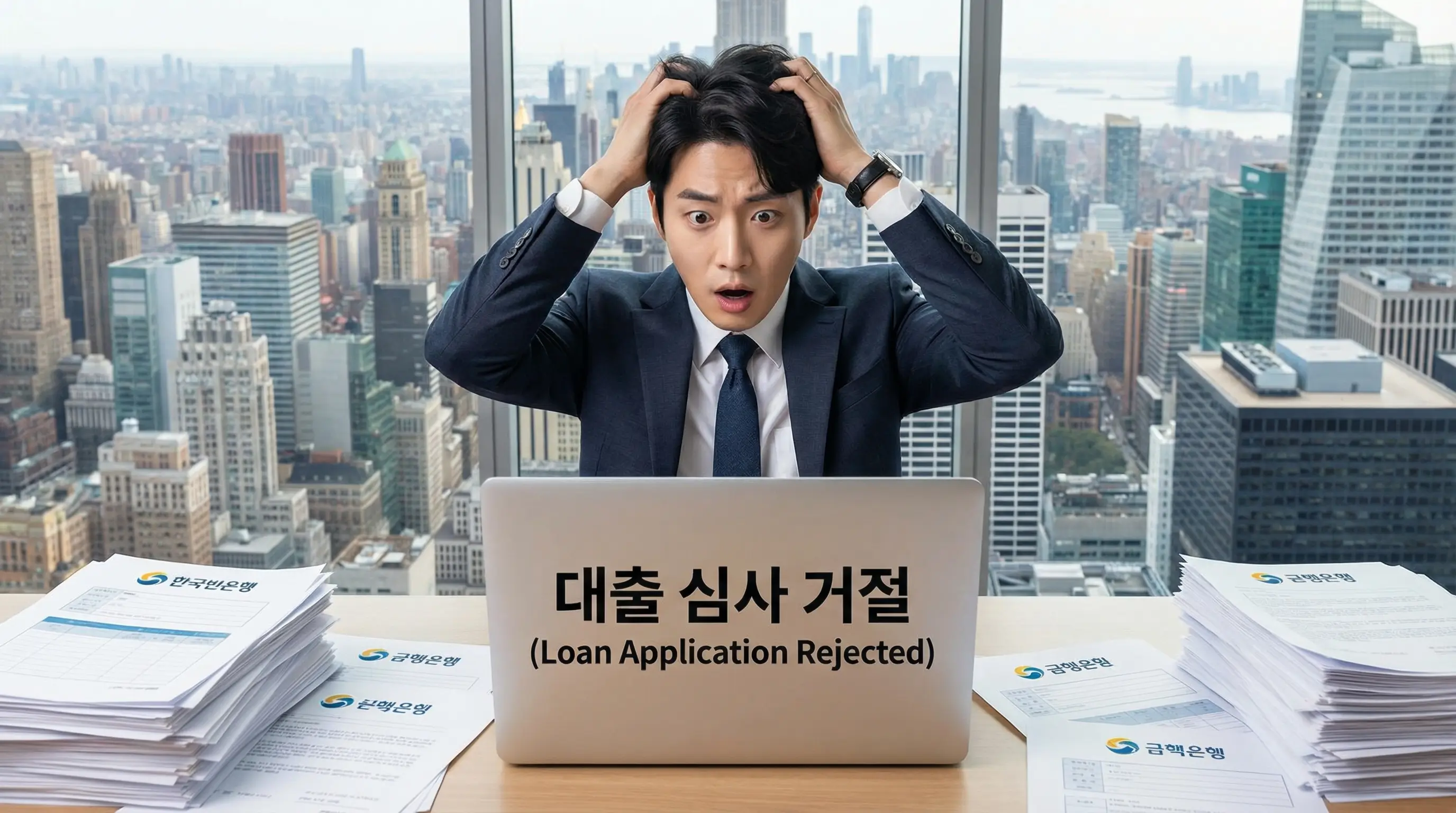 해외에서 고소득을 올리지만 한국 은행 대출 심사에서 거절당해 당황하는 해외 거주자의 모습