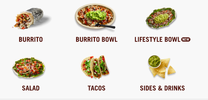 부리또, 볼, 샐러드, 타코, 치폴레 메뉴