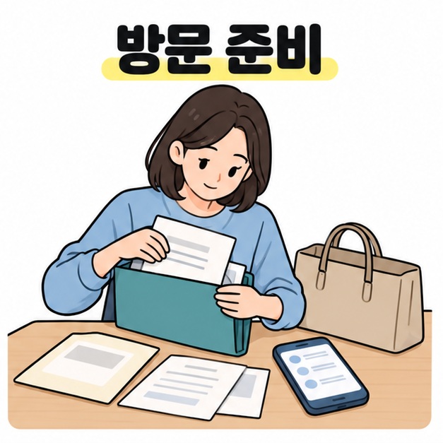 방문 준비라는 제목 아래 여성이 가방과 스마트폰 옆에서 검사 서류를 파일에 정리하는 모습