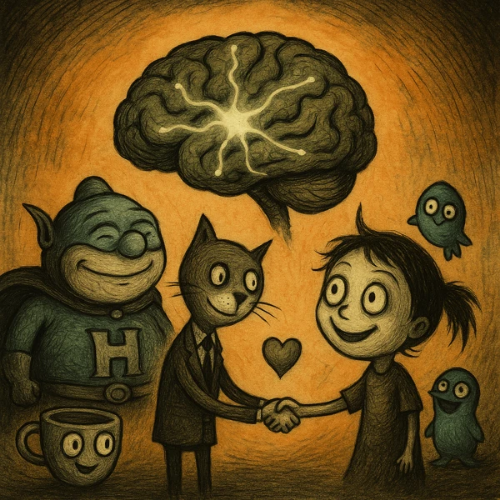 팀 버튼 스타일의 일러스트, 중앙에 빛나는 뇌가 떠 있고 악수하는 고양이 캐릭터와 소녀, 히어로, 감정 생명체들이 함께 웃고 있는 밝은 장면