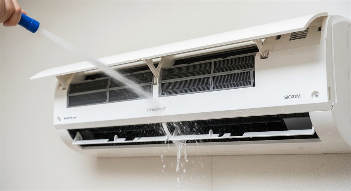 벽걸이 에어컨 내부를 물로 세척하는 디테일 장면 