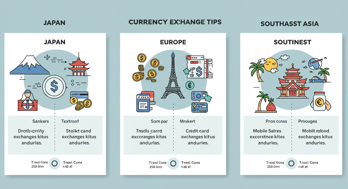 일본, 유럽, 동남아 각 지역별 환전 팁을 간결하게 비교하는 인포그래픽.
