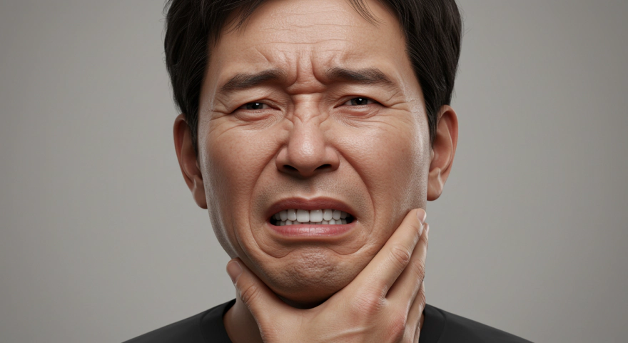 구강 건강 문제로 턱을 잡고 있는 한국인 남성