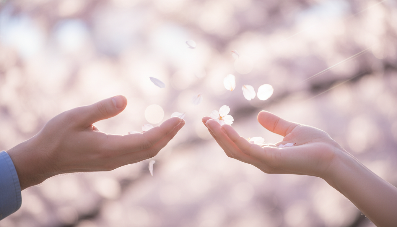 두 손이 흩날리는 벚꽃잎을 잡으려는 서정적인 순간을 클로즈업한 사진.
