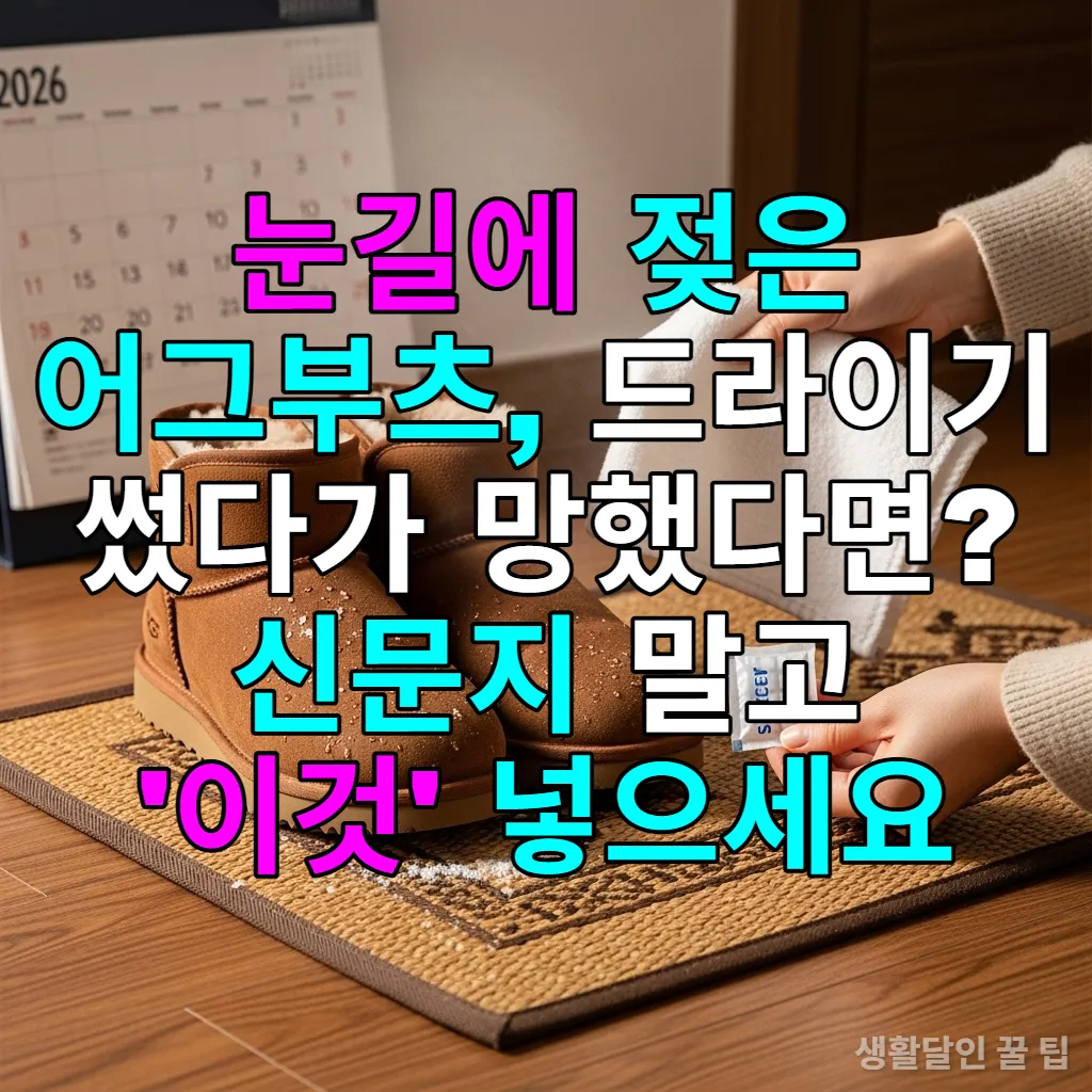 눈에 젖은 어그부츠를 키친타월과 제습제로 관리하는 한국 가정의 현관 모습