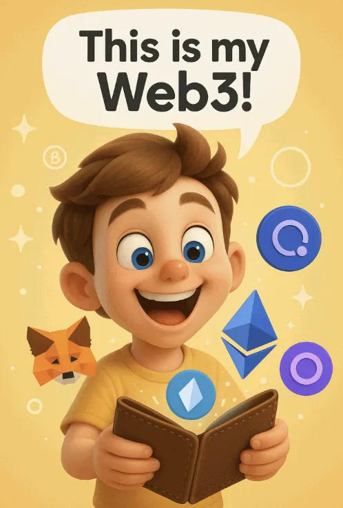 지갑을 열자 Web3 세상이 펼쳐지는 소년의 모습. MetaMask, Ethereum, NFT 아이콘이 떠오르며 Web3 지갑의 시작을 상징함 (MetaMask Web3 wallet illustration)