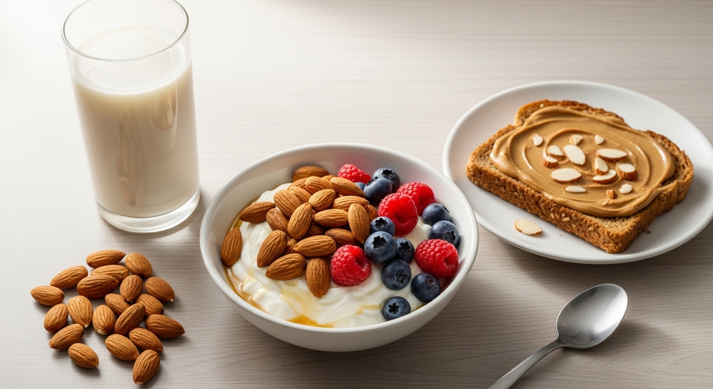 아몬드를 활용한 건강한 음식들: 아몬드가 올려진 요거트, 아몬드 우유, 아몬드 버터 토스트. 다양한 아몬드 활용법을 보여줍니다.