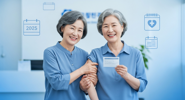 2025년 폐렴구균 무료접종을 받고 건강하게 미소 짓는 1960년생 어르신 부부.