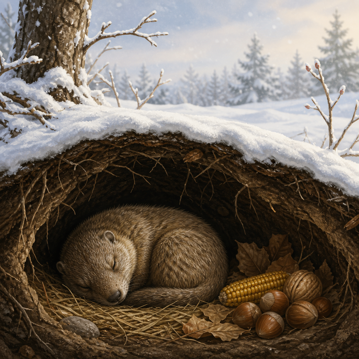 Animal hibernating in a winter den in an educational illustration