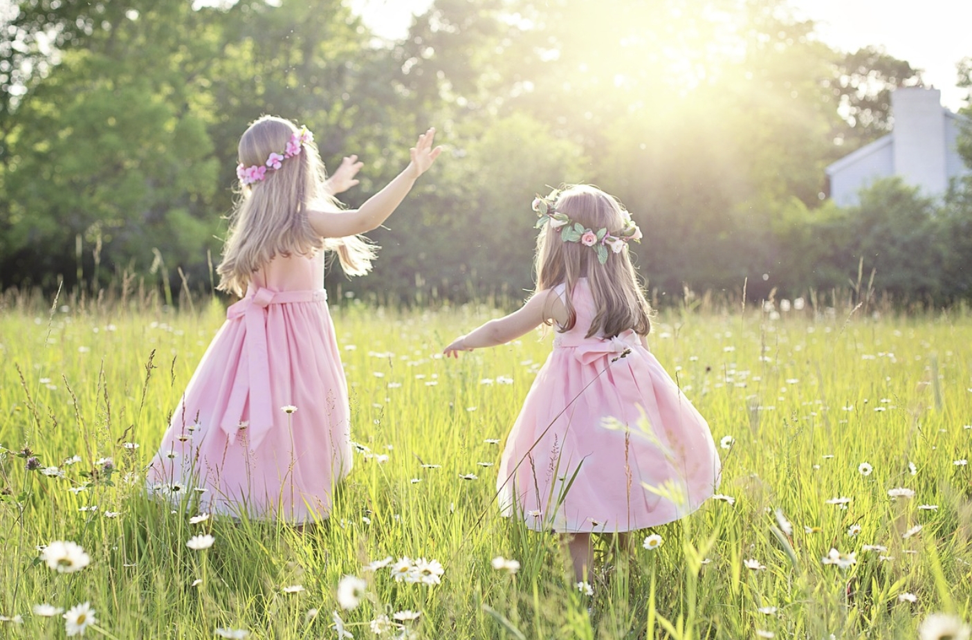 여자아이 두명이 들판에서 노는 사진