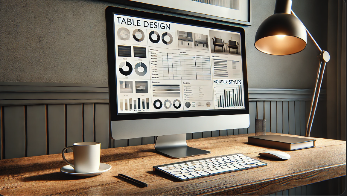 현대적인 사무실에서 컴퓨터로 표 디자인에 초점을 맞춘 파워포인트 슬라이드를 보여주는 이미지