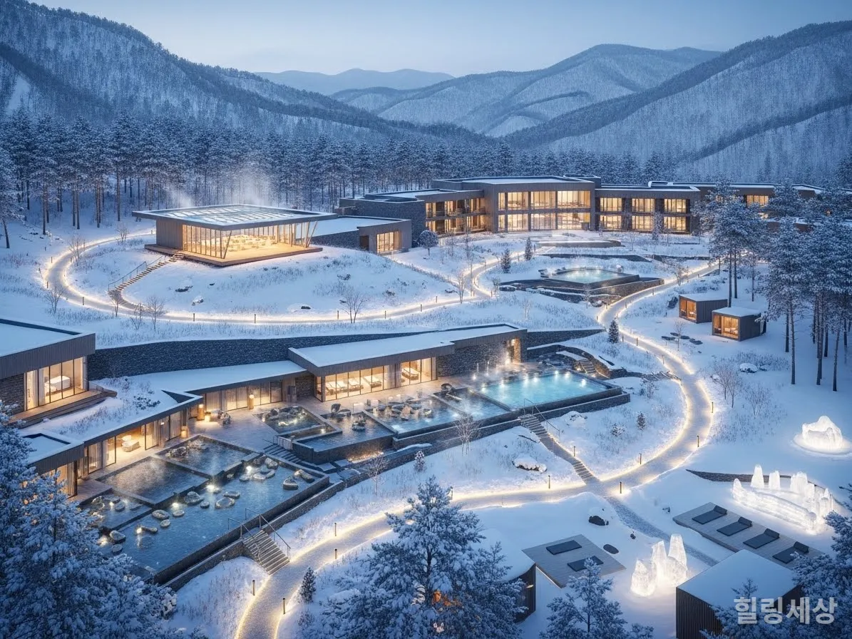 눈 덮인 산속 국내 웰니스 리조트 전경