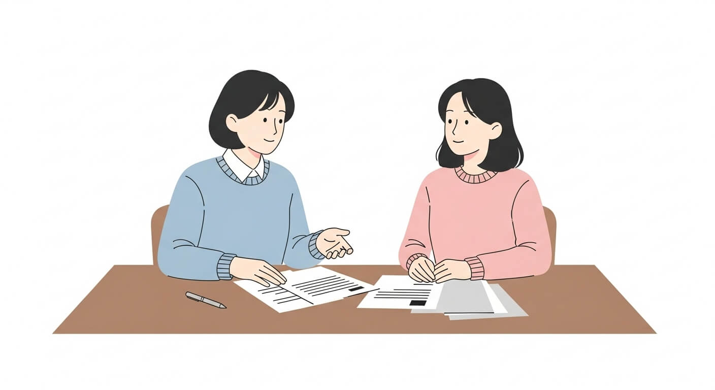 상담사가 신청자와 책상 건너 마주 앉아 Q&A 상담을 진행하는 장면 2