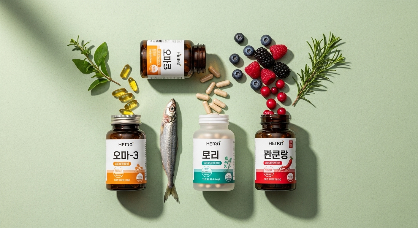 다양한 건강 기능식품 제품들이 깔끔하게 진열된 모습