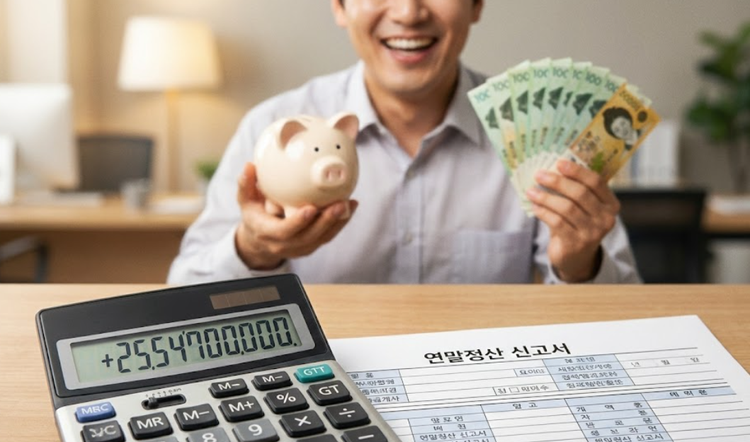 계산기와 세금 환급 신청서, 그리고 웃고 있는 직장인의 모습이 담긴 금융 이미지