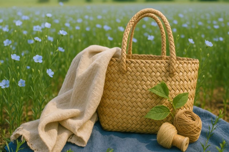 플락스 꽃밭 속 린넨 천과 짚 가방이 놓인 여름 시골 풍경