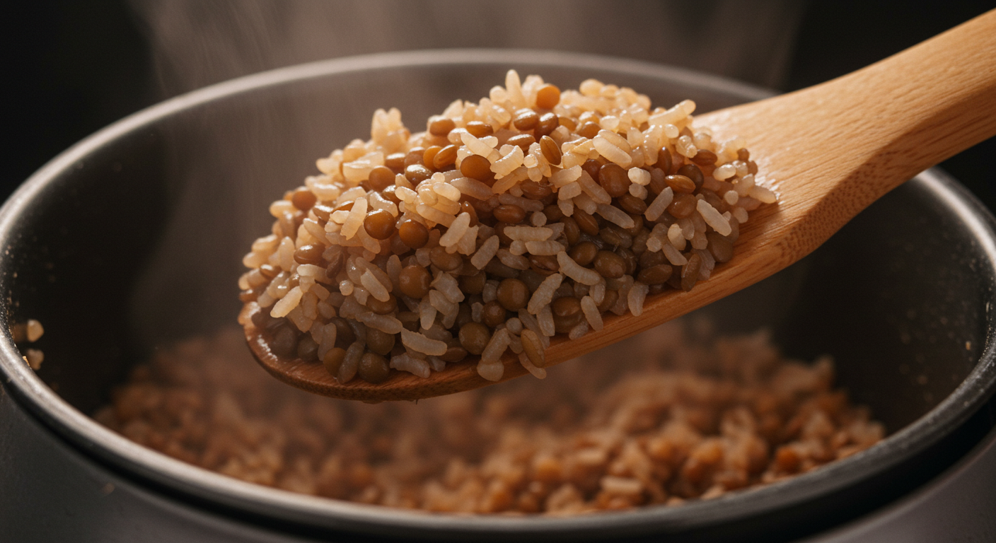 김이 모락모락 나는 갓 지은 렌틸콩밥을 주걱으로 뜨고 있는 먹음직스러운 모습