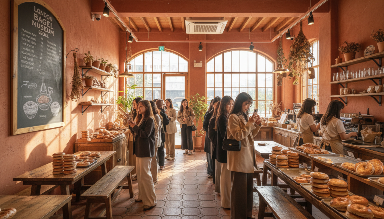 따뜻한 햇살이 비치는 런던 베이글 뮤지엄 스타일의 베이커리 카페 내부에서 많은 손님들이 줄을 서서 기다리고 있는 활기찬 모습