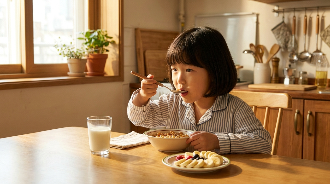 주방에서 아침을 먹는 아이
