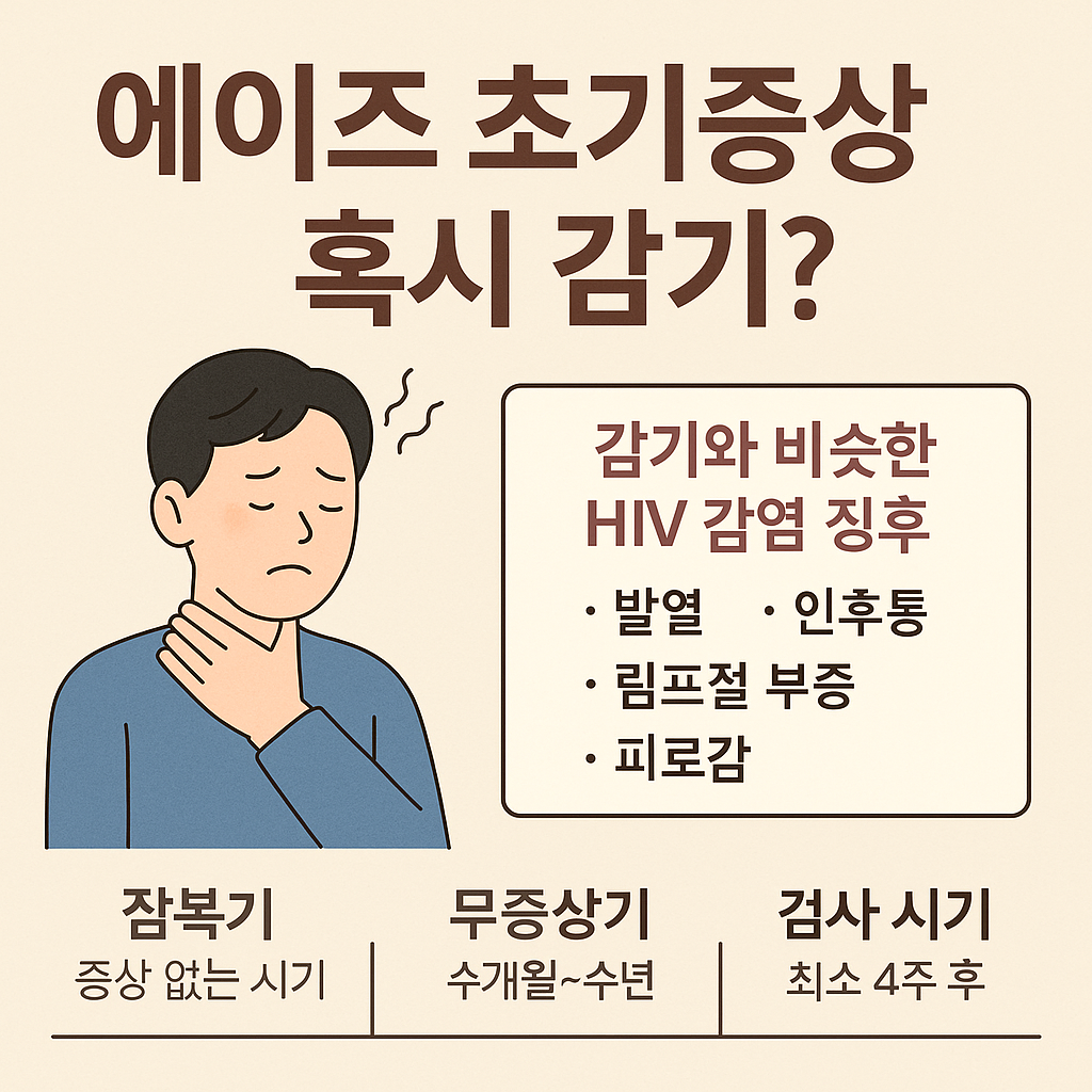 에이즈 초기증상과 검사 시기를 설명하는 인포그래픽. 목을 아파하는 남성과 감기 유사 증상, 잠복기·무증상기·검사 시기가 요약되어 있다.