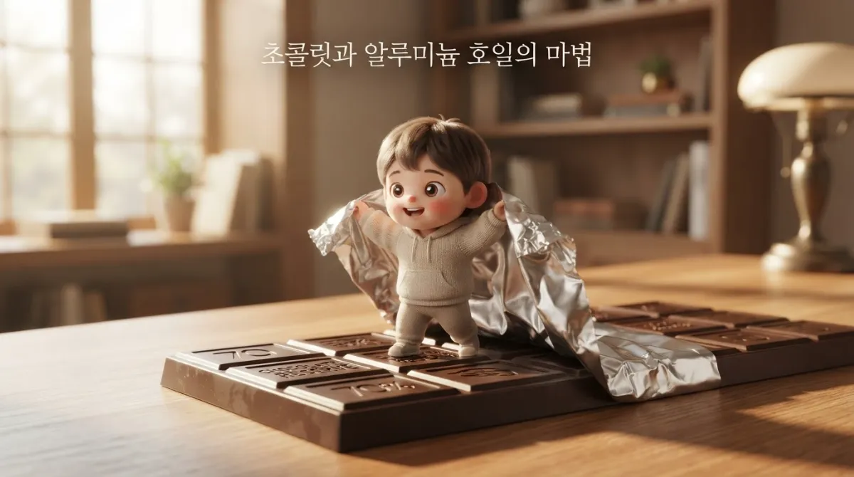 초콜릿과 알루미늄 호일의 마법 - 미니미 캐릭터가 거대한 초콜릿 바 위에서 반짝이는 은박지를 벗기며 호일의 보존 효과를 표현한 시네마틱 썸네일 이미지
