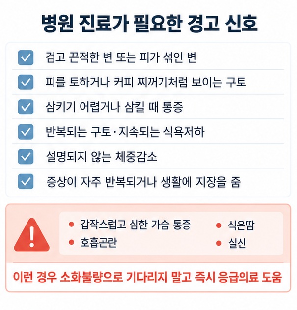 검은변 피 섞인 구토 삼킴곤란 반복 구토 체중감소 등 진료가 필요한 경고 신호를 정리한 이미지