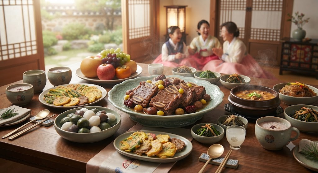 Beyond the wooden sliding doors of a traditional Korean house (hanok) lies a beautiful garden view. On the wooden dining table, Korean Chuseok holiday dishes are set abundantly in neat bowls. In the center is a bowl of galbi-jjim, surrounded by colorful songpyeon, assorted jeon, japchae, seasoned namul, beef and radish soup (mu-guk), rice, fruits (pears, apples, persimmons, grapes), and traditional rice wine (sikhye). In the background, Korean family members (a young girl, a middle-aged woman, and an elderly woman) dressed in hanbok sit chatting and laughing happily.
