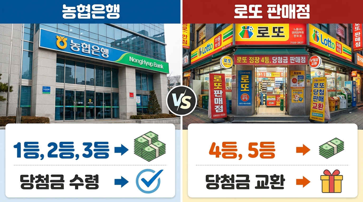 로또 등수별 수령 장소인 판매점, 농협은행 지점, 본점의 구분 이미지
