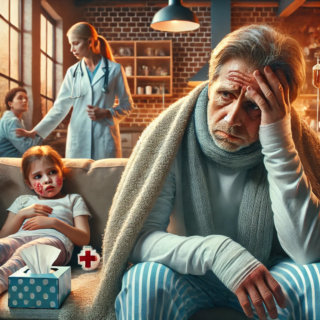 중년 남성이 소파에 누워 이마를 짚으며 열과 피로로 고생하는 모습