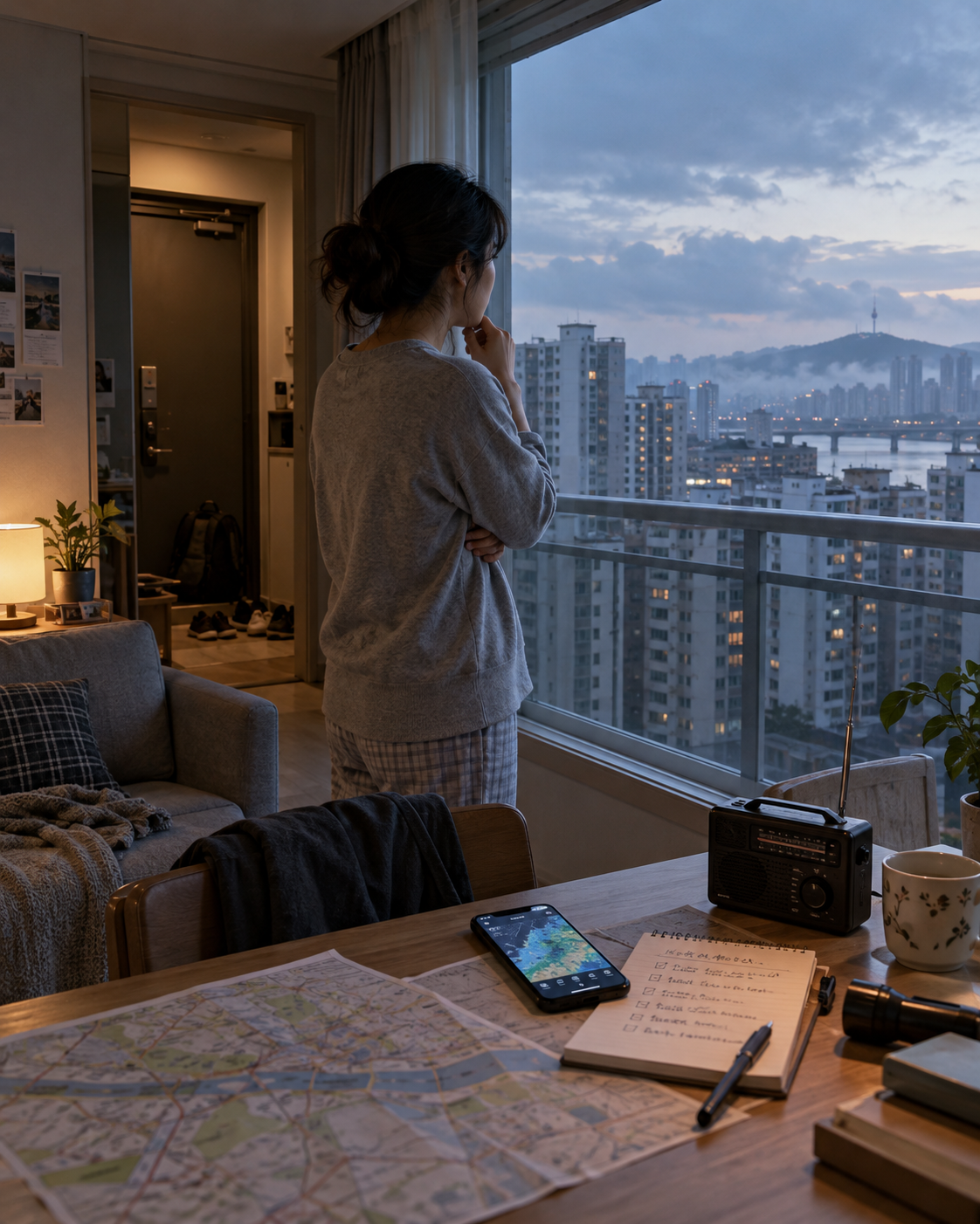 A woman stands by an apartment window at dawn, looking out over a Korean city skyline. A portable radio, smartphone, paper map, handwritten notes, and flashlight rest on a table nearby, illuminated by cool morning light and a warm indoor lamp.