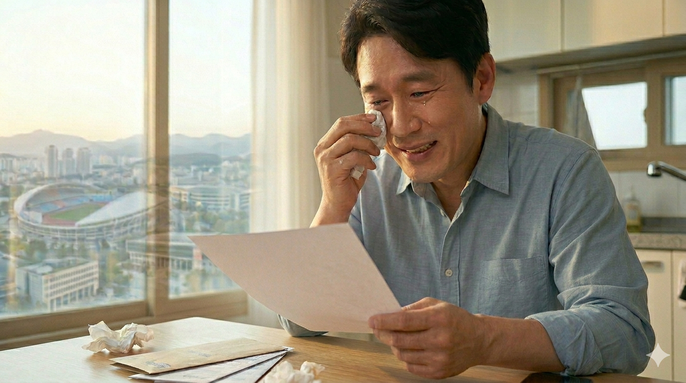개인파산 신청 결과 통지서를 읽으며, 생계비 면제 제도 혜택에 안도와 감격의 눈물을 흘리는 중년 남성의 모습