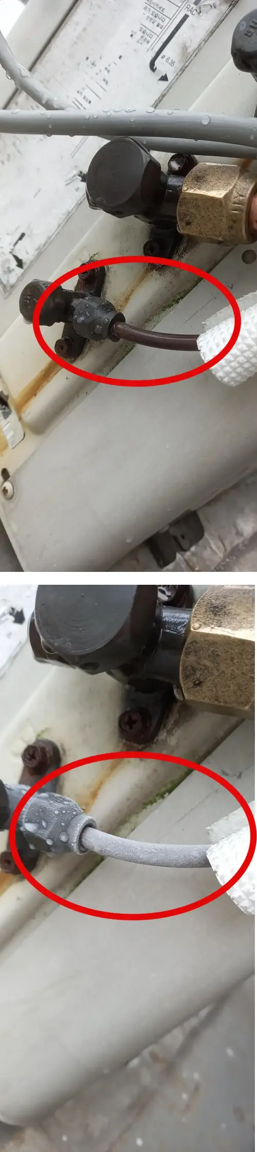 에어컨 작동 시 이상 증상(연결부 표면이 얼어 붙음) 