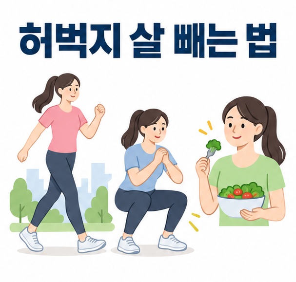 걷기 운동과 스쿼트를 하는 사람의 하체를 배경으로 허벅지 살 빼는 법이라는 글자가 중앙에 놓인 교육용 인포그래픽