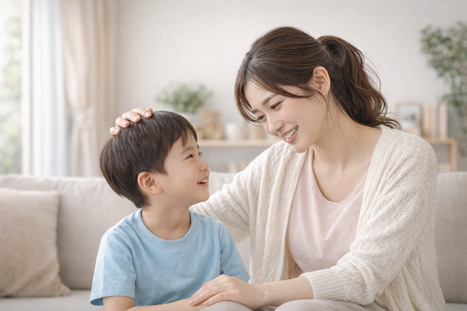 아이와 대화하며 안정적인 감정 표현을 나누는 부모의 모습