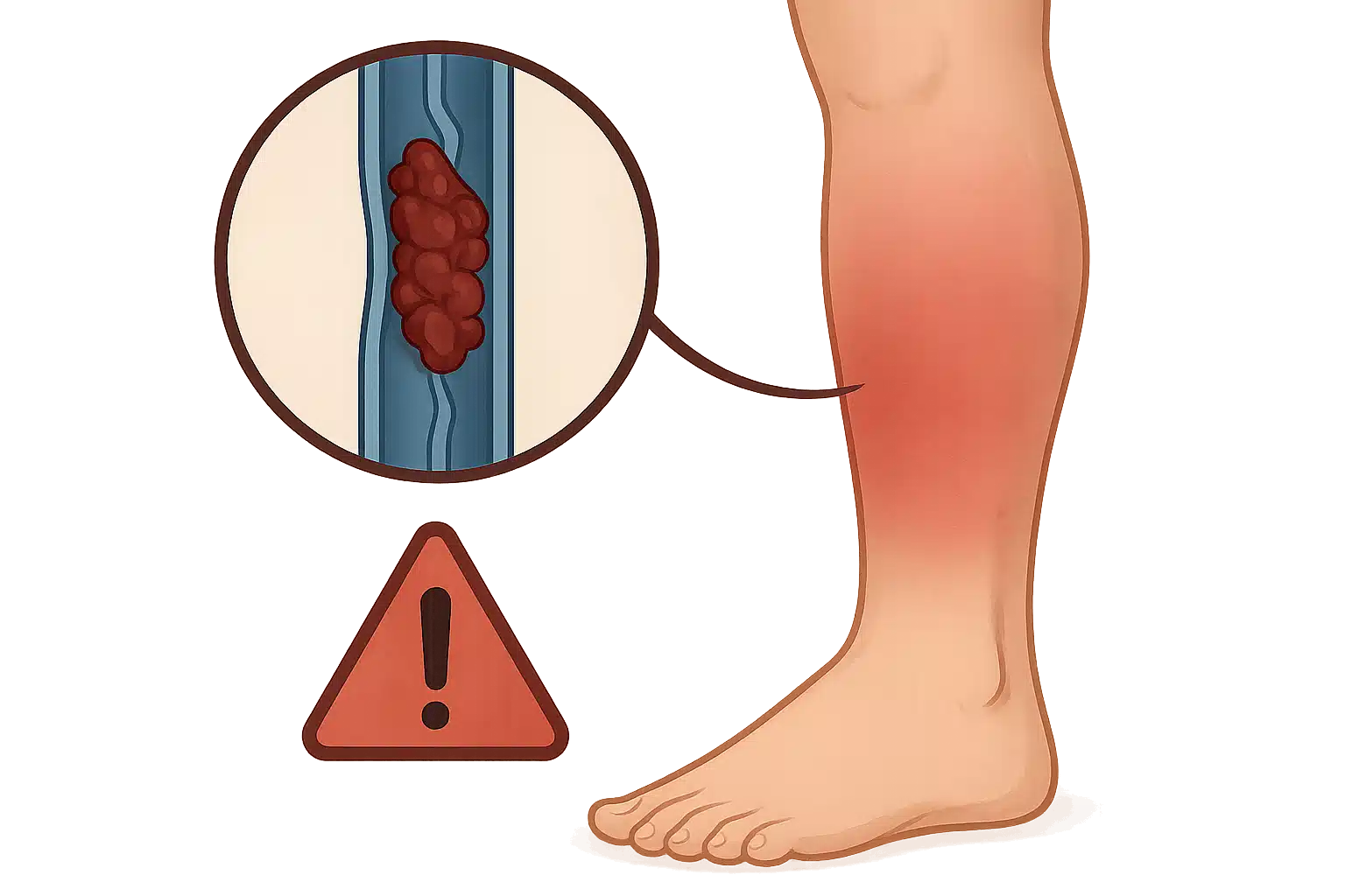왼쪽 종아리가 붓고 붉게 변한 모습, 정맥 내부에 혈전