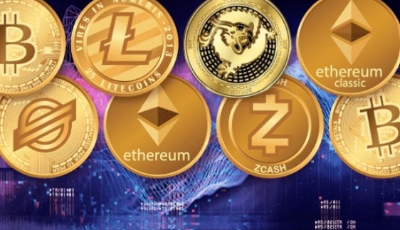 여러가지 가상화폐가 코인의 형태로 그려져 늘어서있다.
