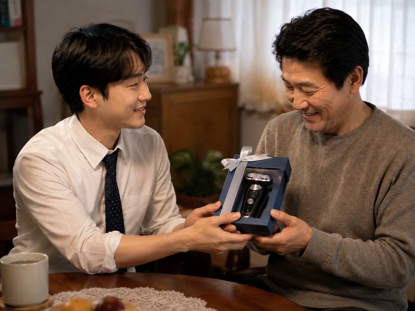 집 안 식탁에서 아들이 아버지에게 포장된 전기면도기 선물을 건네고 아버지가 미소 짓는 모습