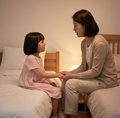 침대맡에서 아이 손을 잡고 이야기해주는 엄마의 옆모습