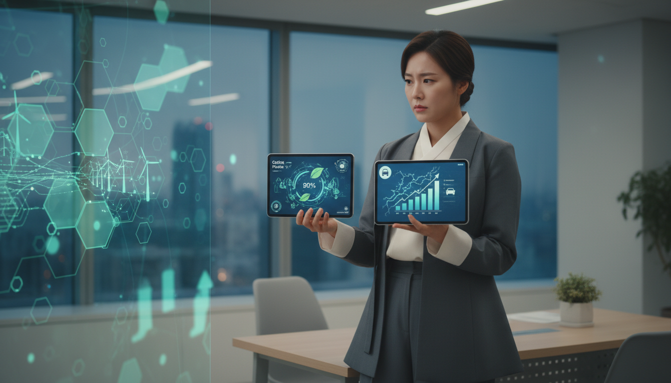 자동차 탄소중립포인트와 서울시 승용차 마일리지를 비교 분석하는 현대 한국인.